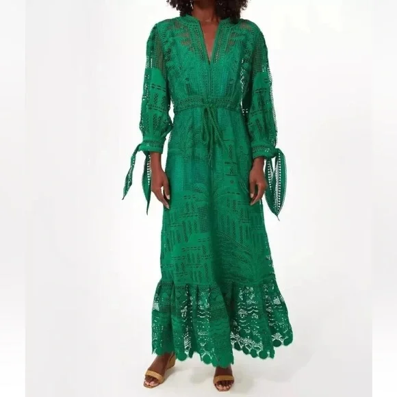 Like New House of Harlow 1960 Dress Morada boa Guipure emerald green lace sz Sm - Picture 11 of 12